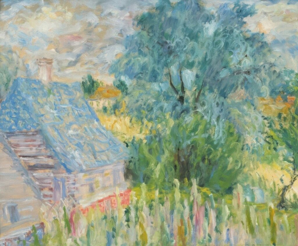 Fauvistisch landschap met tuin, bomen en huizen in rauwe penseelstreken
