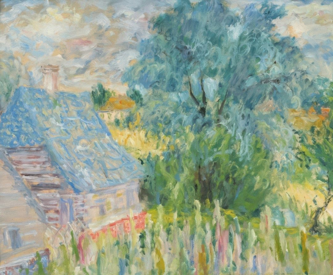 Fauvistisch landschap met tuin, bomen en huizen in rauwe penseelstreken