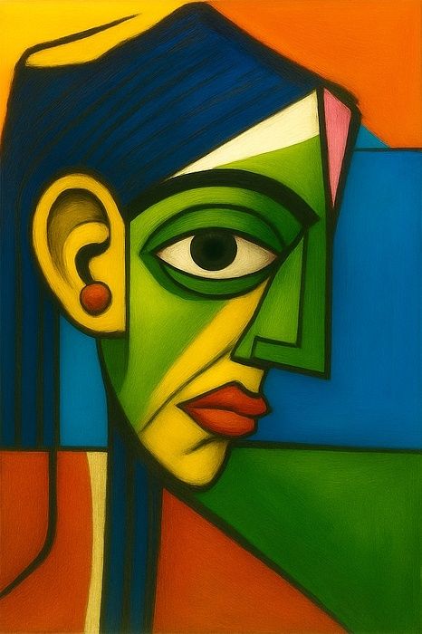 Gestileerd modernistisch portret met felle kleuren en geometrische vormen