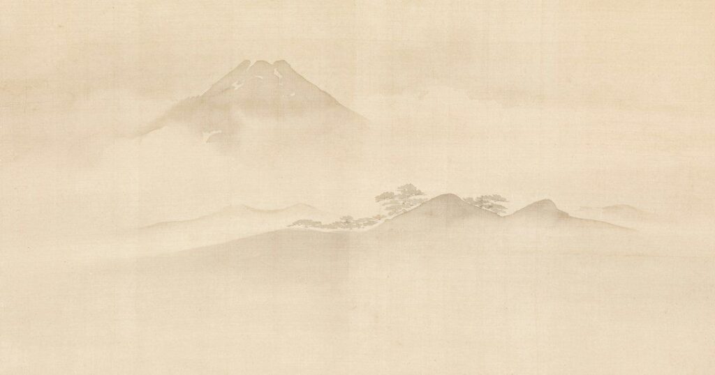 Minimalistische inktlandschapsschildering met bergen in veel witruimte