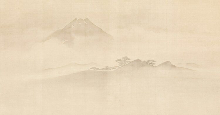 Minimalistische inktlandschapsschildering met bergen in veel witruimte