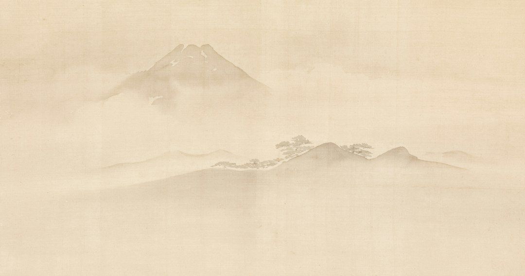 Minimalistische inktlandschapsschildering met bergen in veel witruimte